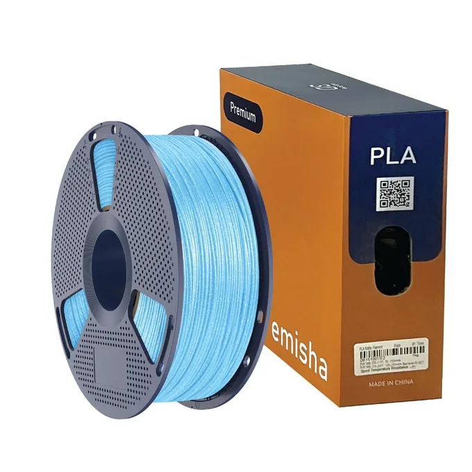 Bobina de filamento Emisha PLA Cosmic Blue de 1.75 mm junto a su caja