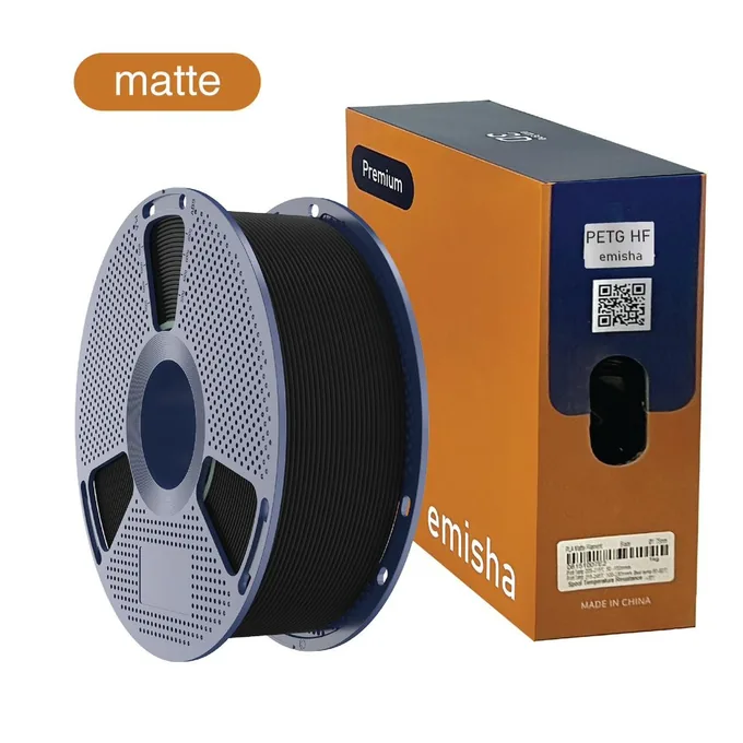 Bobina de filamento Emisha PETG Matte HF color Deep Black con su caja