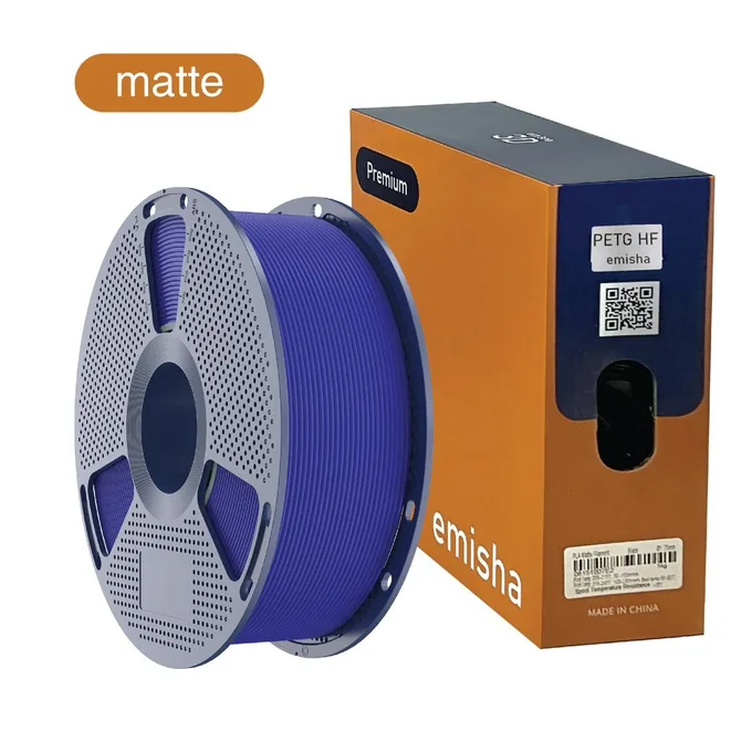 Bobina de filamento Emisha PETG Matte HF color Deep Blue junto a su caja de presentación