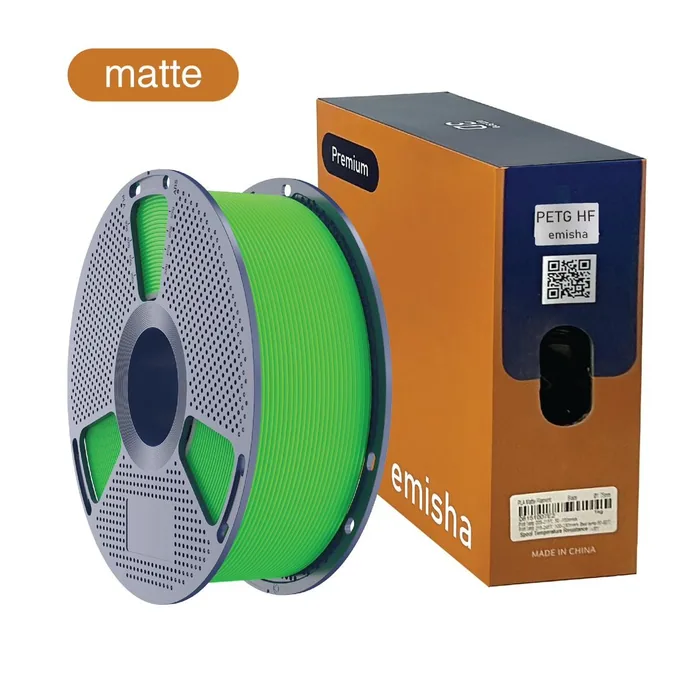 Bobina de filamento Emisha PETG Matte HF color Deep Green junto a su caja de presentación