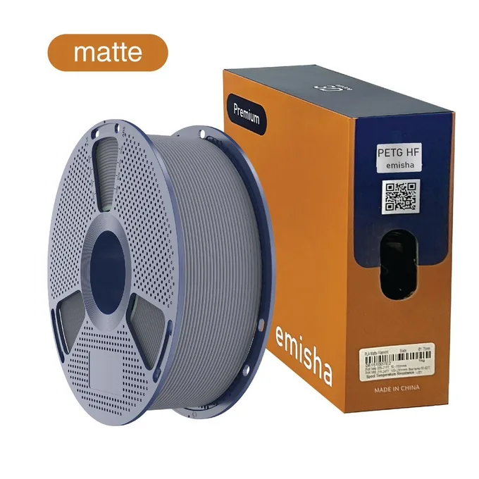 Bobina de filamento Emisha PETG Matte HF color Deep Grey con su caja