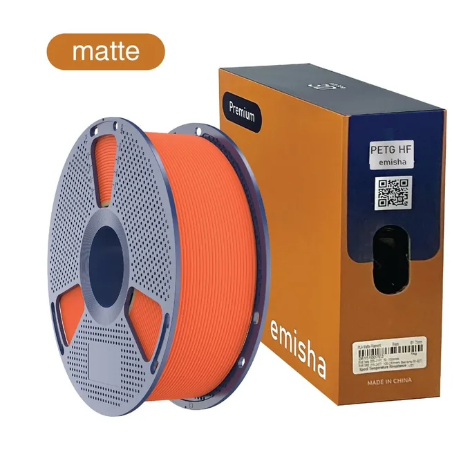 Bobina de filamento Emisha PETG Matte HF color Deep Orange con su caja