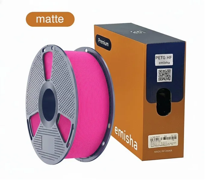 Bobina de filamento Emisha PETG Matte HF color Deep Pink con su caja