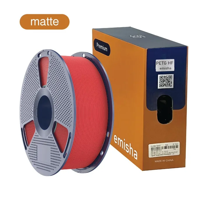 Bobina de filamento Emisha PETG Matte HF color Deep Red con su caja