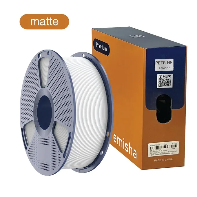 Bobina de filamento Emisha PETG Matte HF color Deep White con su caja
