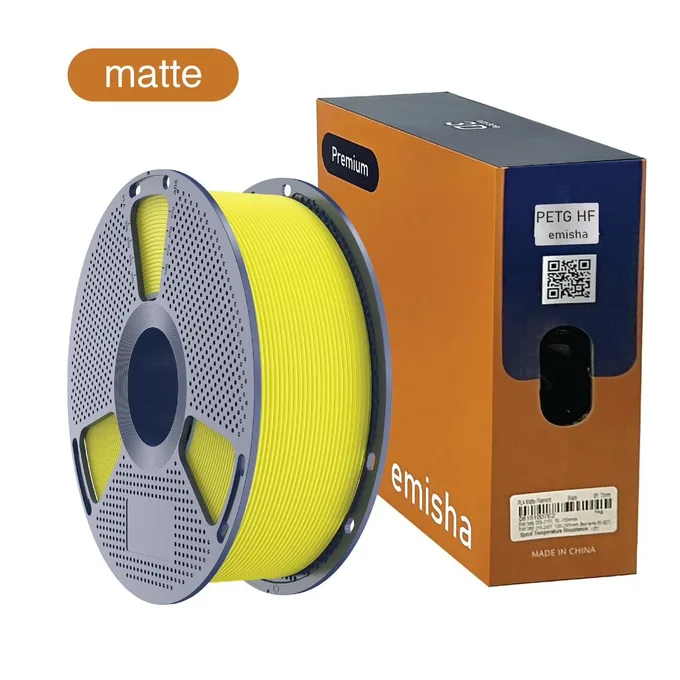 Bobina de filamento Emisha PETG Matte HF color Deep Yellow con su caja