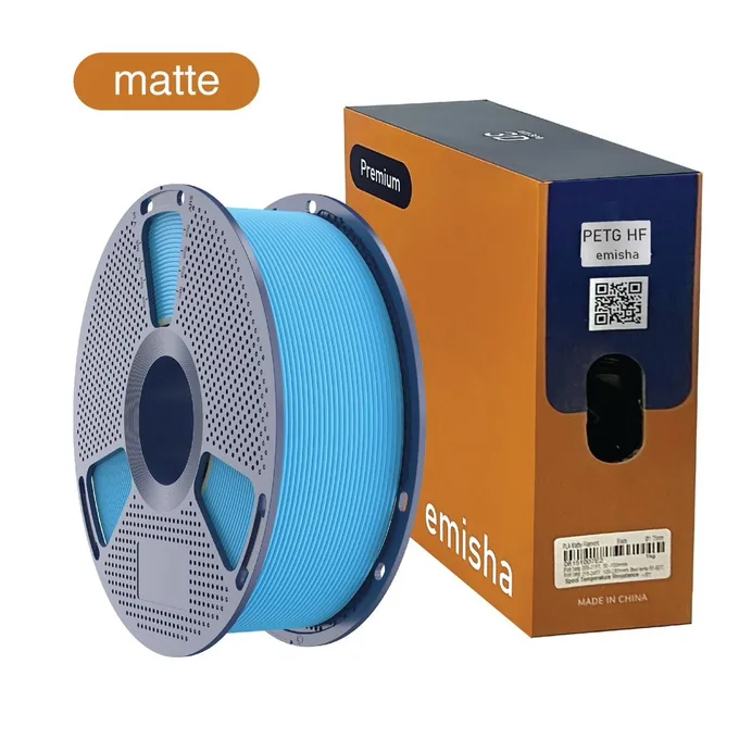 Bobina de filamento Emisha PETG Matte HF color Sky Blue con su caja