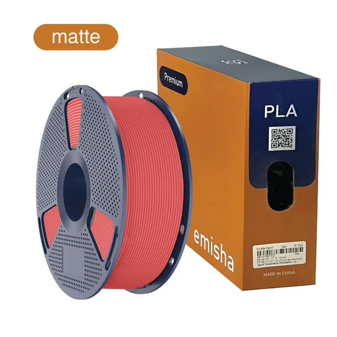 Bobina de filamento Emisha PLA Matte color Deep Red con su caja