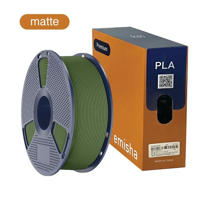 Bobina de filamento Emisha PLA Matte color Olive Green con su caja