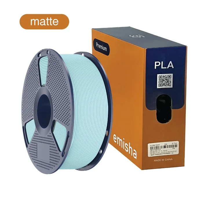 Bobina de filamento Emisha PLA Matte color Powder Blue con su caja