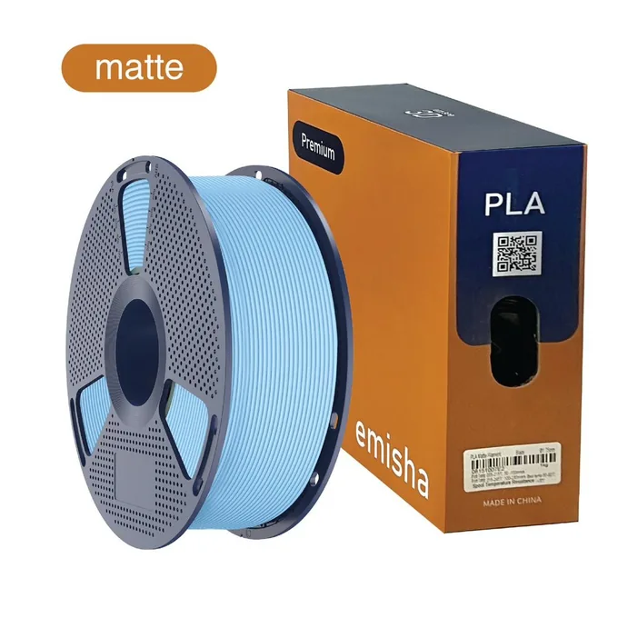 Bobina de filamento Emisha PLA Matte color Soft Blue con su caja