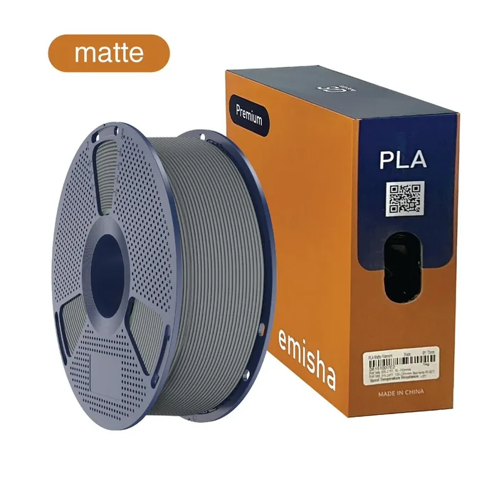 Bobina de filamento Emisha PLA Matte color Soft Grey con su caja