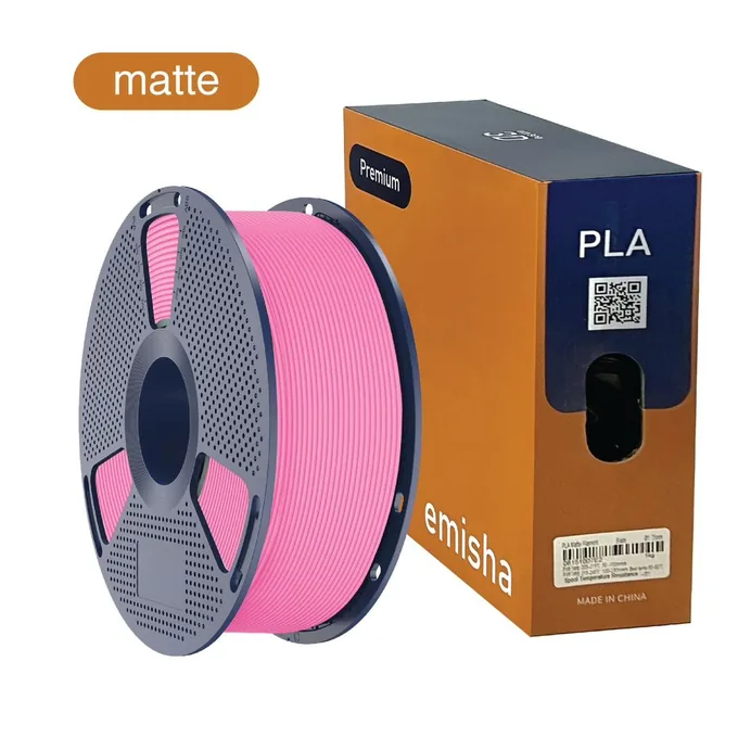 Bobina de filamento Emisha PLA Matte color Soft Pink con su caja