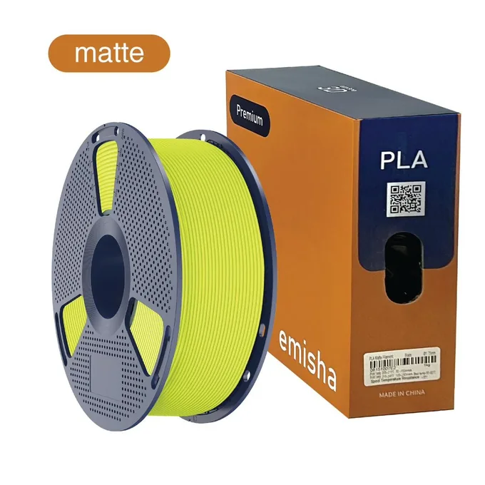 Bobina de filamento Emisha PLA Matte color Sunbean Yellow con su caja