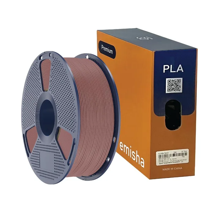 Bobina de filamento Emisha PLA Wood color Autumn Cherry con su caja