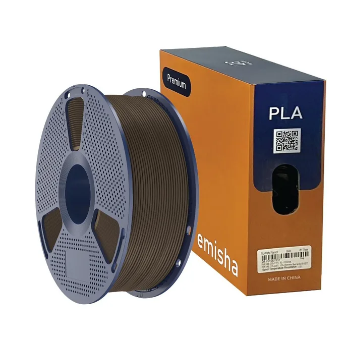 Bobina de filamento Emisha PLA Wood color Dark Walnut con su caja